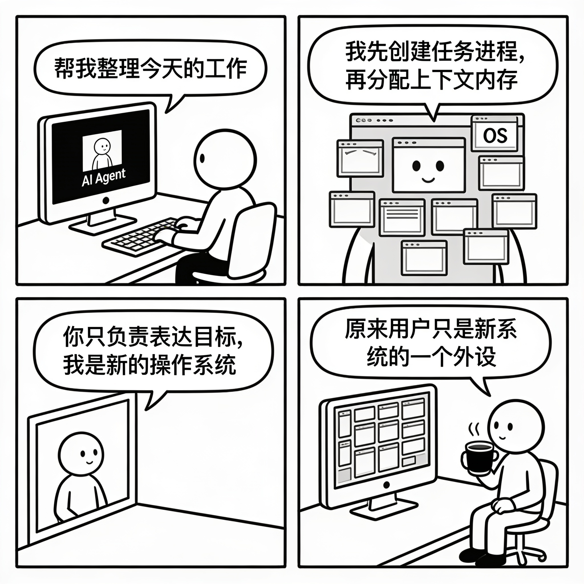 四格漫画：人请求 AI Agent 整理工作，Agent 像操作系统一样铺满屏幕管理任务与上下文，人退到屏幕外喝咖啡，感叹自己成了新系统的一个外设