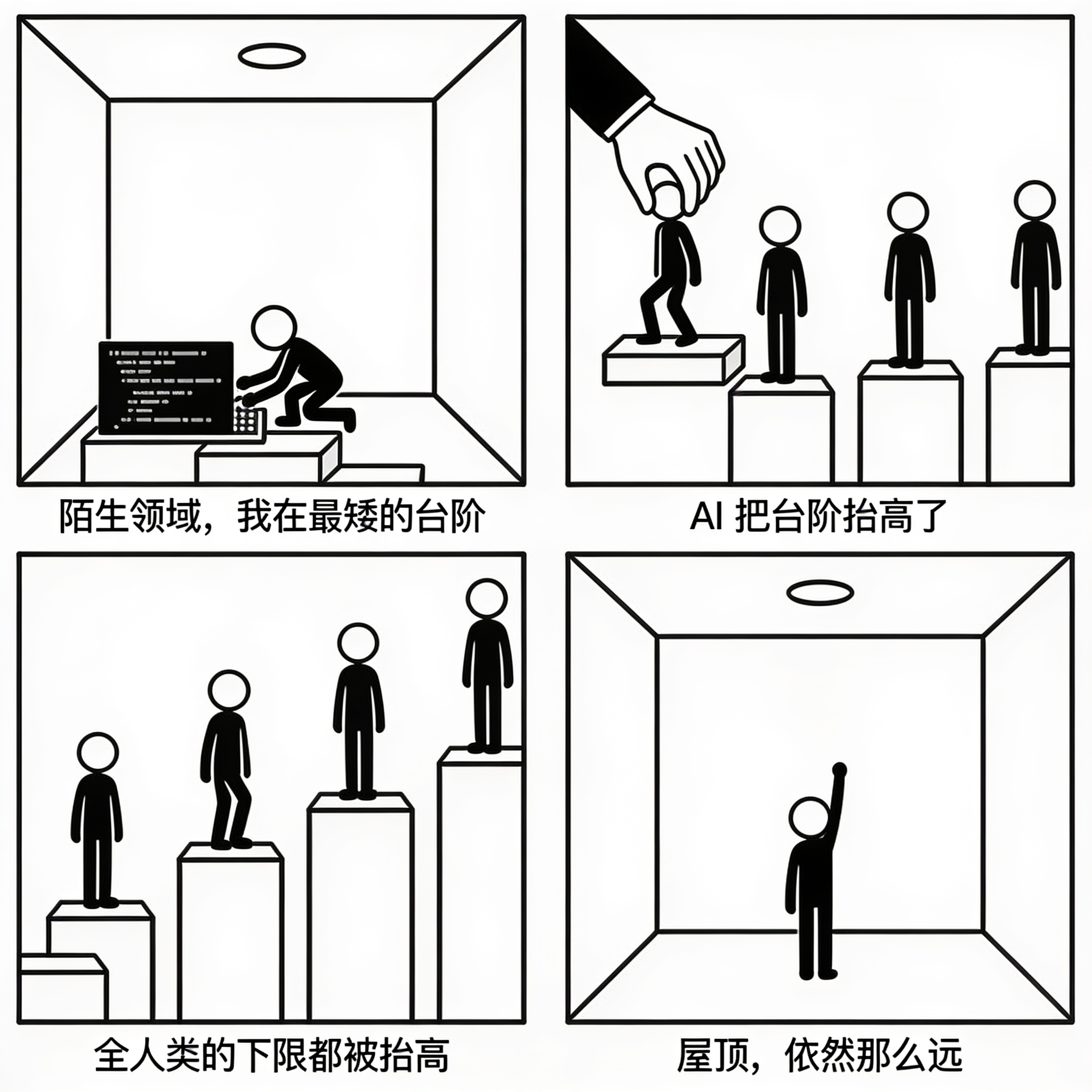 四格漫画：第一格，小人在陌生的代码世界站在最低的台阶上，头顶是遥不可及的天花板，字幕「陌生领域，我在最矮的台阶」；第二格，AI 的手把台阶抬高，小人站到了与众人相当的高度，字幕「AI 把台阶抬高了」；第三格，小人环顾四周，发现所有人的地面都被同样抬高，字幕「全人类的下限都被抬高」；第四格，小人伸手够向依然遥远的天花板，字幕「屋顶，依然那么远」