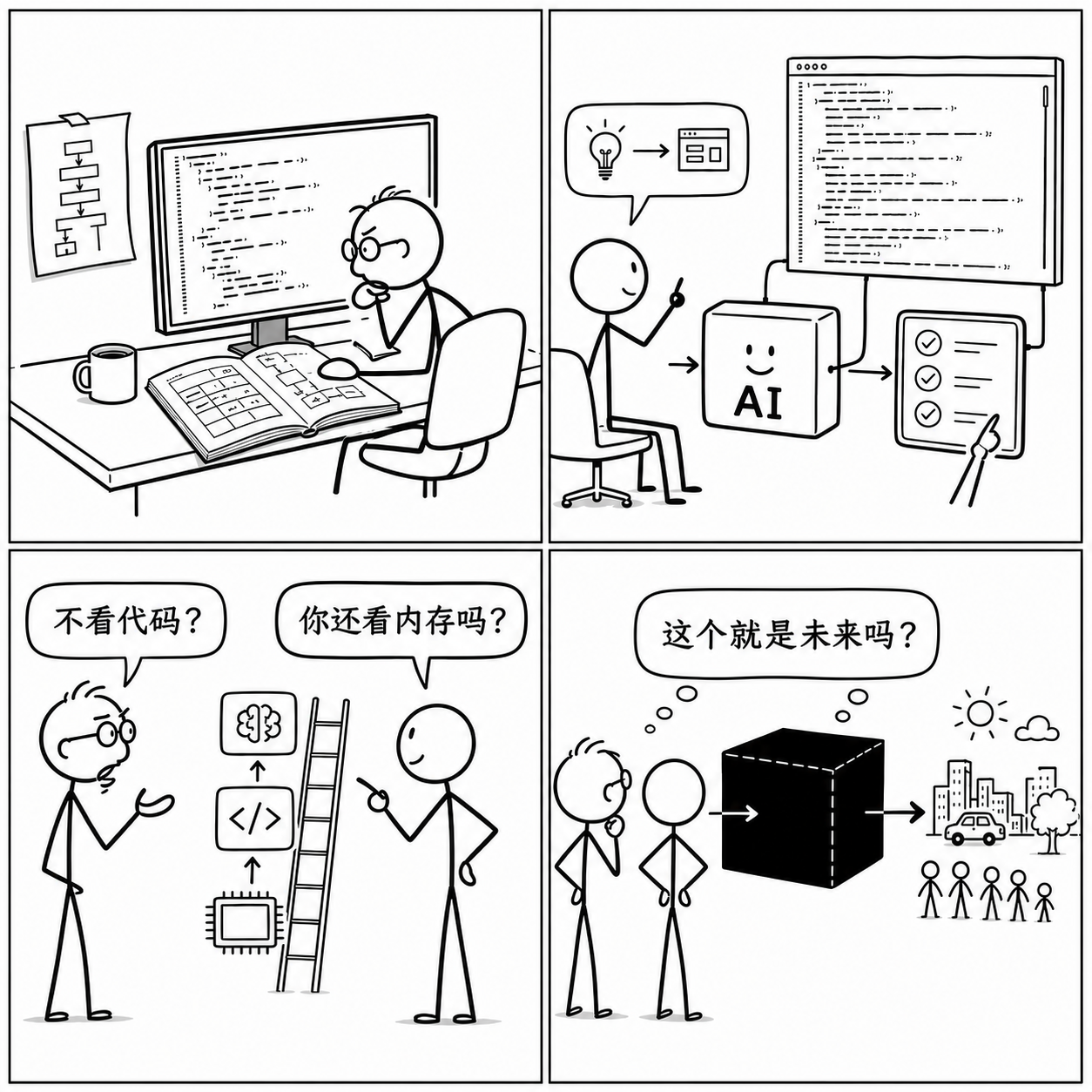 从逐行阅读代码、AI 生成程序，到抽象层不断上移，最终追问这是否就是未来的四格漫画