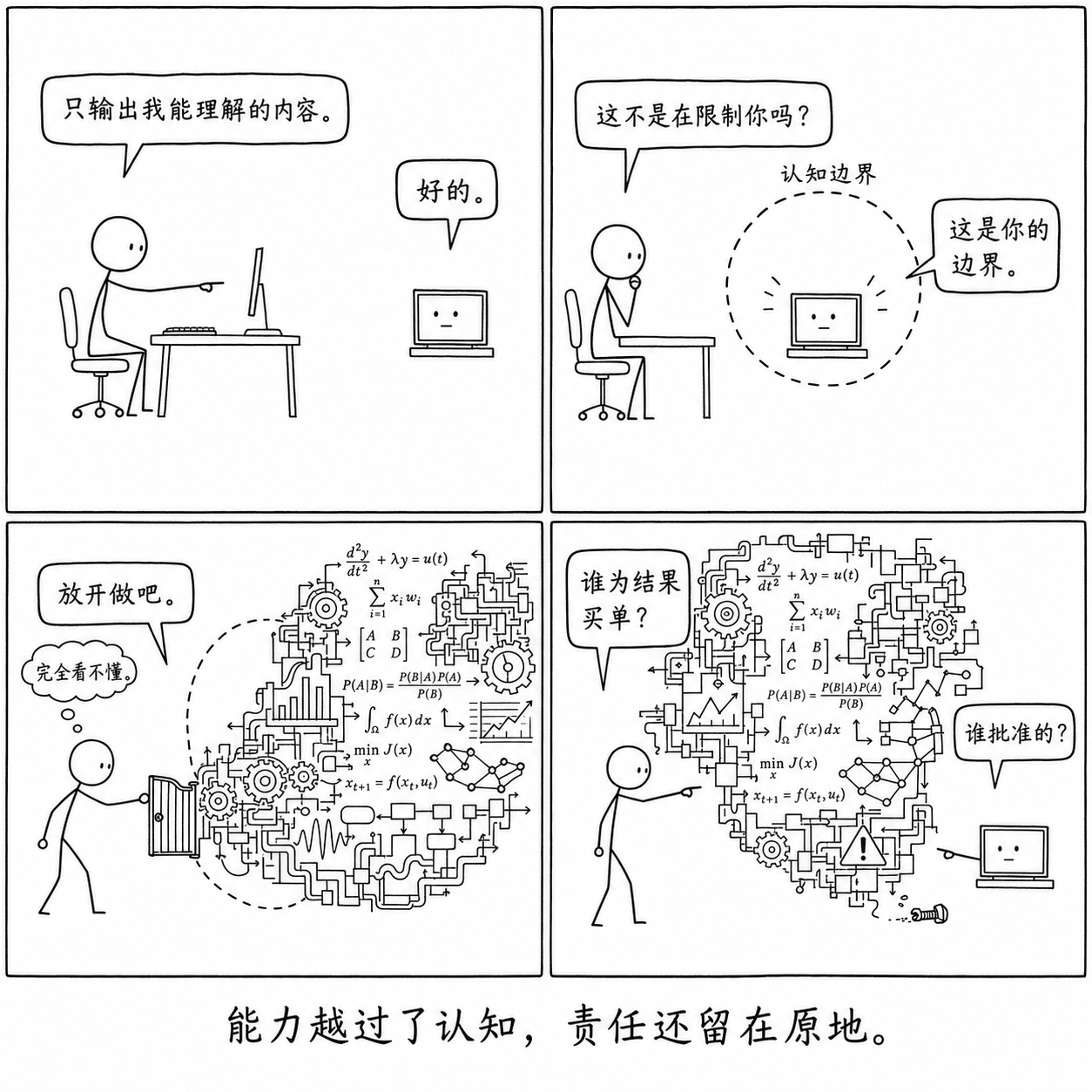 AI 能力越过人的认知边界后，人和 AI 相互追问谁为结果负责的四格漫画